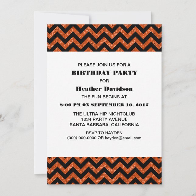 Orange Chevron Glitter Birthday Party Invite (Front)