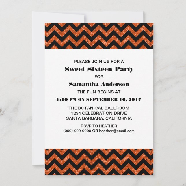 Orange Chevron Glitter Sweet 16 Party Invite (Front)
