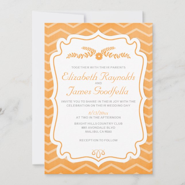 Orange Chevron Stripes Wedding Invitations (Front)