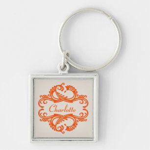 Orange Chic Damask Premium Keychain