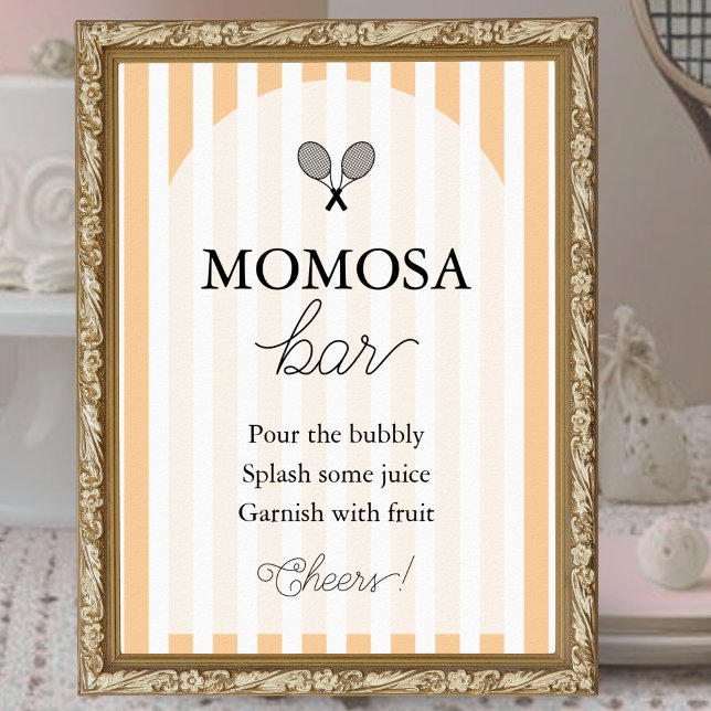 Orange Chic Tennis Baby Shower Momosa Bar Sign (elegant orange and white striped momosa bar tennis theme baby shower sign displayed in gold frame )