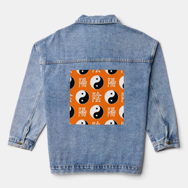 Orange Chinese Yin Yang Pattern Denim Jacket (Back)