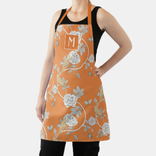 Orange Chinoiserie Floral Monogram Apron