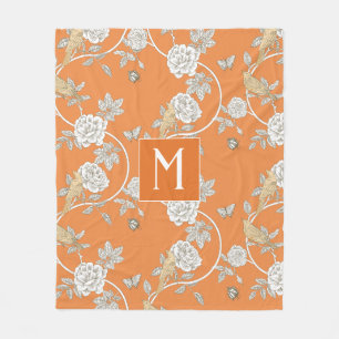Orange Chinoiserie Floral Monogram Fleece Blanket