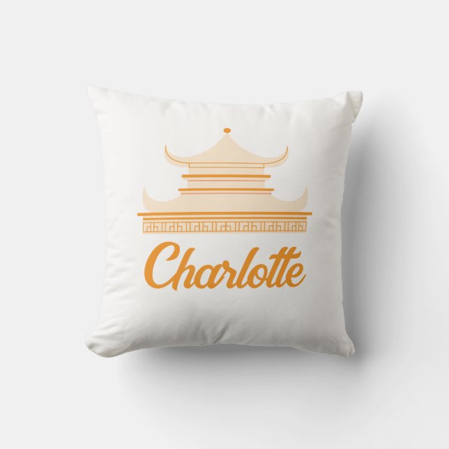 Orange Chinoiserie Pagoda Custom Name Cushion (Front)