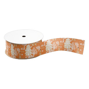 Orange Chinoiserie Pagodas Grosgrain Ribbon
