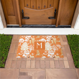 Orange Chinoiserie Pagodas Monogram Doormat