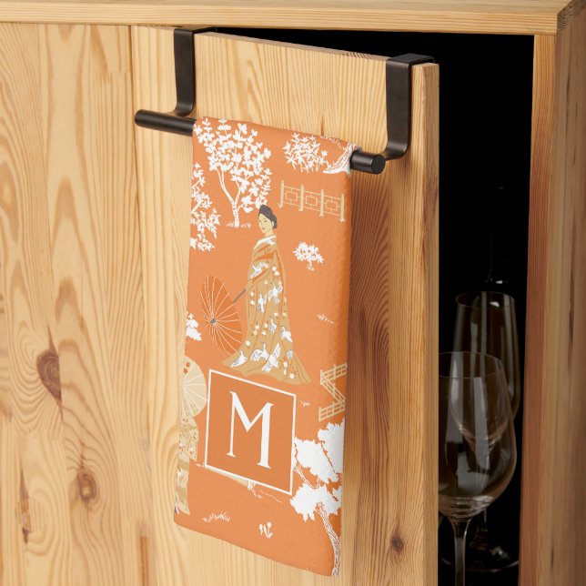 Orange Chinoiserie Pagodas Monogram Tea Towel (Thirds Fold)