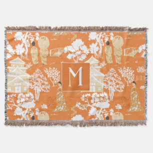 Orange Chinoiserie Pagodas Monogram Throw Blanket