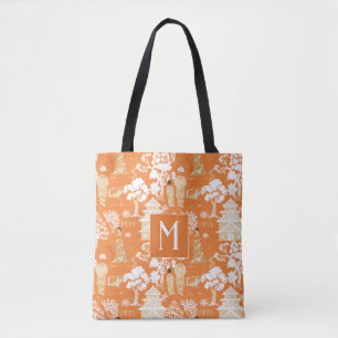 Orange Chinoiserie Pagodas Monogram Tote Bag