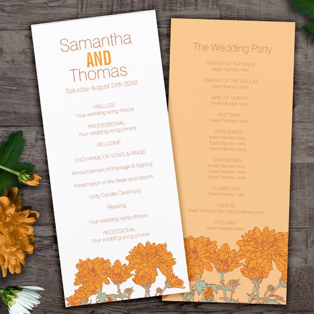 Orange chrysanthemum wedding program rack card (Creator Uploaded)
