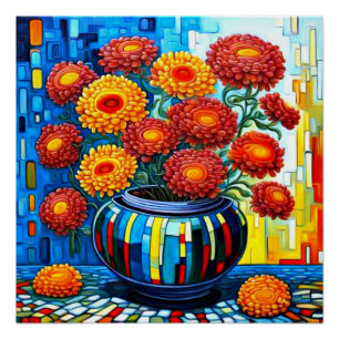 Orange Chrysanthemums in vase Poster