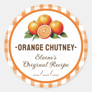 Orange chutney label with chequered design