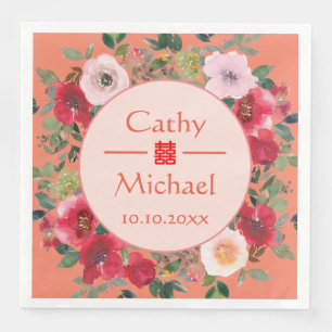 Orange circle floral wreath modern Chinese wedding Napkin
