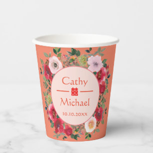 Orange circle floral wreath modern Chinese wedding Paper Cups