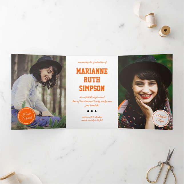 Orange Circles 5-Photo Graduation Tri-Fold Invitation (Inside)