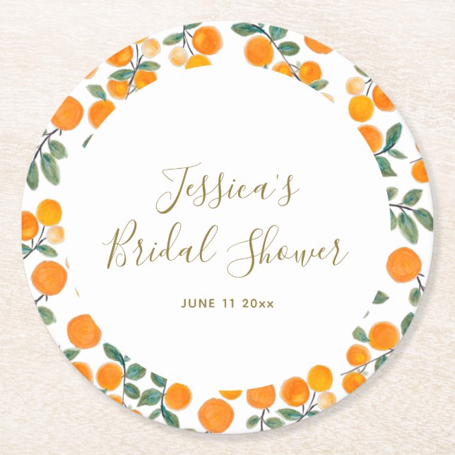 Orange Citrus Border Script Name Bridal Shower Round Paper Coaster (Front)