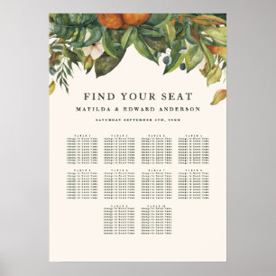 Orange citrus botanica floral wedding seating plan poster