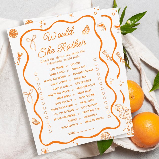 Orange Citrus Bridal Shower Would She Rather Card (Creator Uploaded)