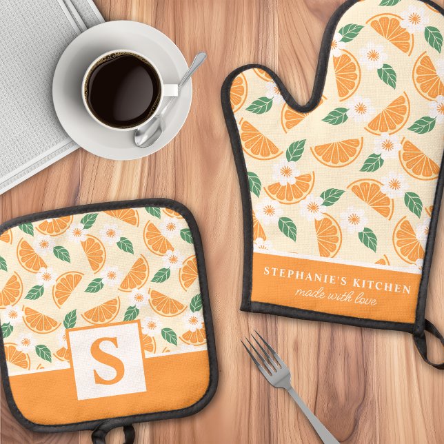 Orange Citrus Floral Cute Summer Monogrammed Oven Mitt & Pot Holder Set (Creator Uploaded)