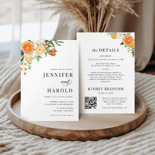 Orange Citrus Floral Minimal All in One Wedding Invitation