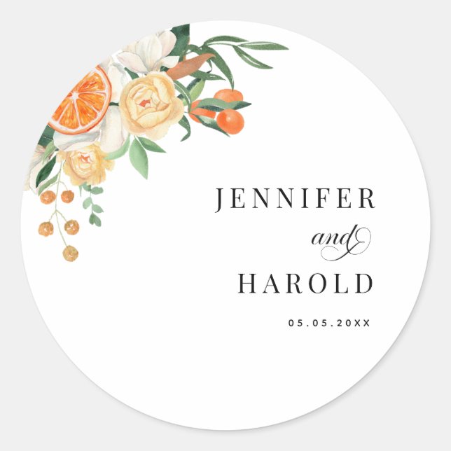 Orange Citrus Floral Minimal Names Wedding Classic Round Sticker (Front)