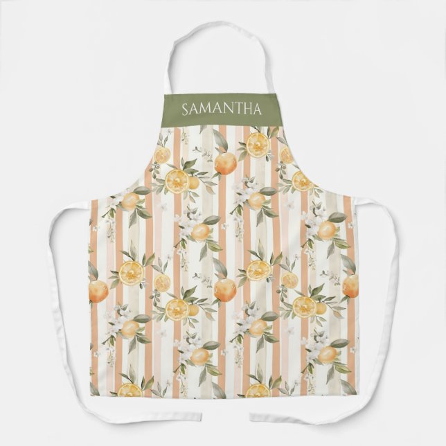 Orange Citrus Floral Peach Stripe Name Apron (Front)