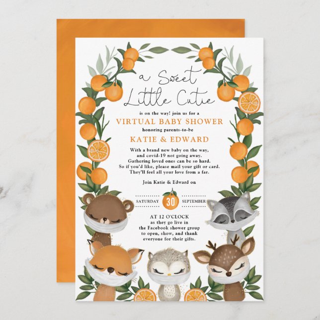 Orange Citrus Forest Animals Virtual Baby Shower Invitation (Front/Back)