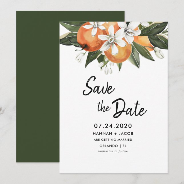 Orange Citrus Greenery Save The Dates Cards (Front/Back)