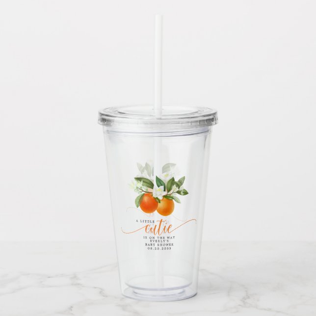 Orange Citrus Little Cutie On The Way Baby Shower Acrylic Tumbler (Front)
