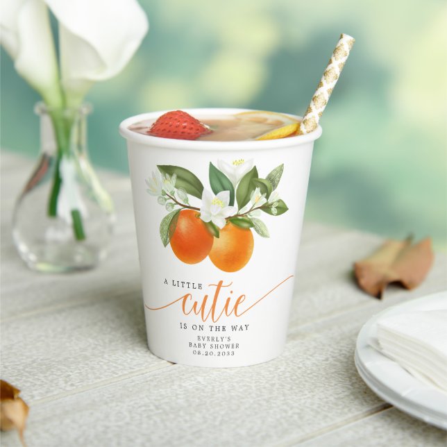 Orange Citrus Little Cutie On The Way Baby Shower Paper Cups (Insitu)