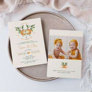 Orange Citrus Little Cuties Twin Photo Birthday Invitation