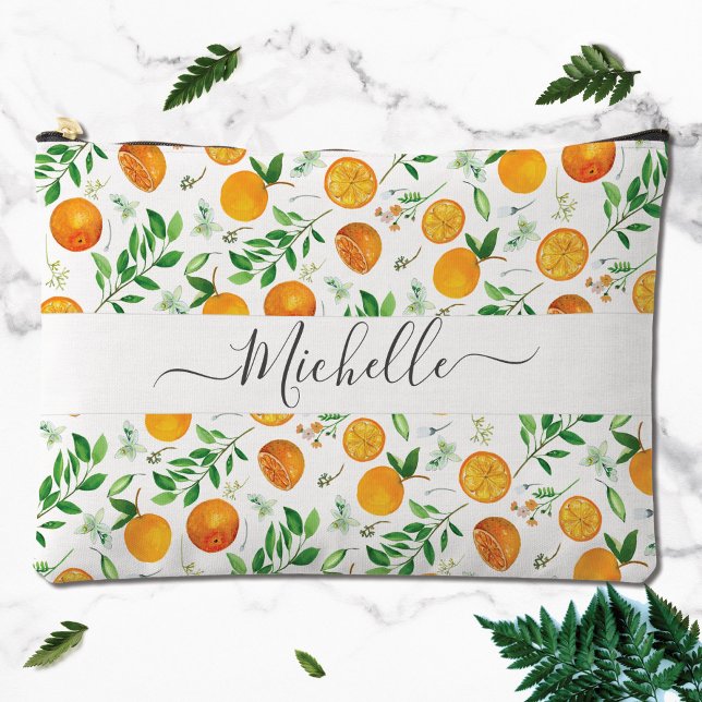 Orange Citrus Summer Floral Botanical Pattern Accessory Pouch (Close up)