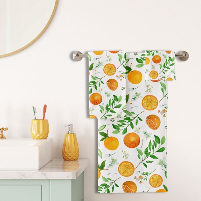 Orange Citrus Summer Floral Botanical Pattern Bath Towel Set (In situ)