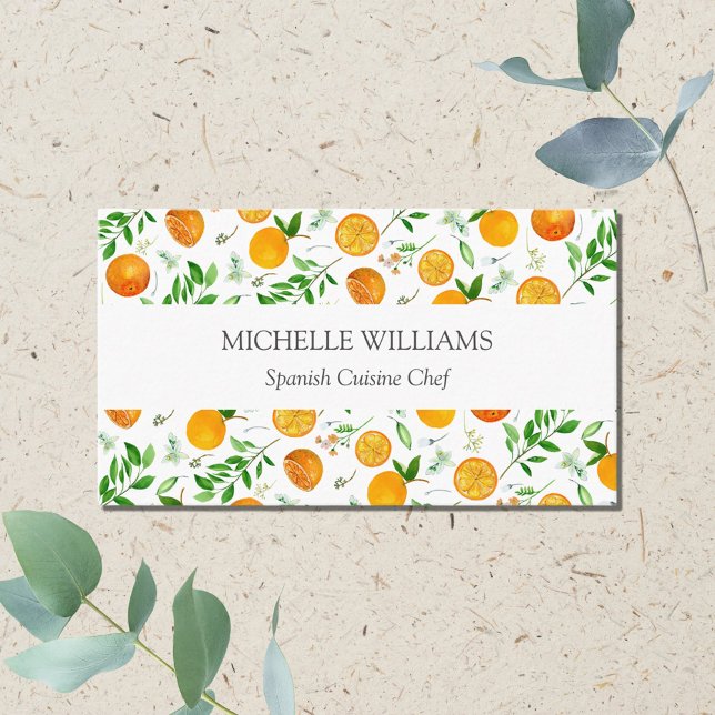 Orange Citrus Summer Floral Botanical Pattern Business Card (Close up front)