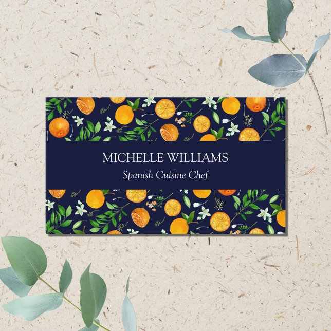Orange Citrus Summer Floral Botanical Pattern Business Card (Close up front)