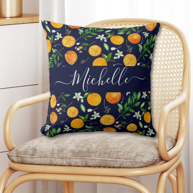 Orange Citrus Summer Floral Botanical Pattern Cushion (In situ)