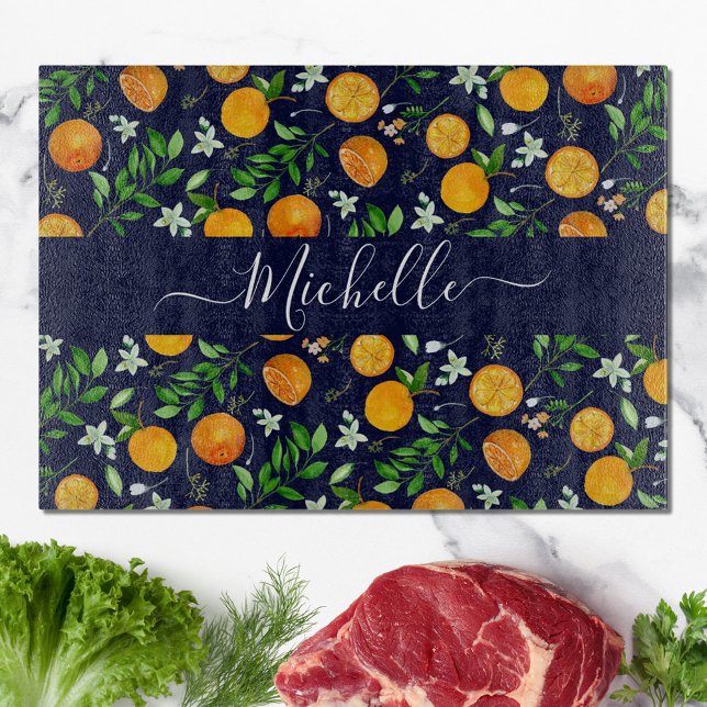 Orange Citrus Summer Floral Botanical Pattern Cutting Board (In situ)