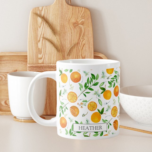 Orange Citrus Summer Floral Botanical Pattern Large Coffee Mug (In situ)