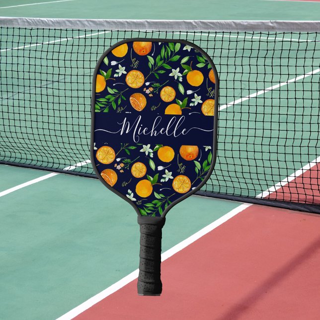 Orange Citrus Summer Floral Botanical Pattern Pickleball Paddle (In situ)