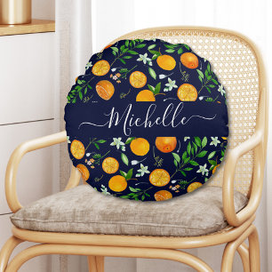 Orange Citrus Summer Floral Botanical Pattern Round Cushion