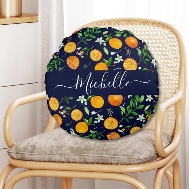 Orange Citrus Summer Floral Botanical Pattern Round Cushion (In situ)