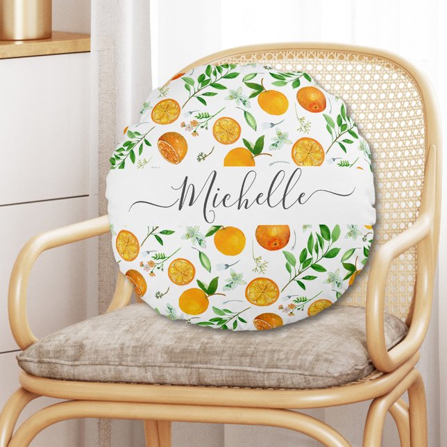 Orange Citrus Summer Floral Botanical Pattern Round Cushion (In situ)