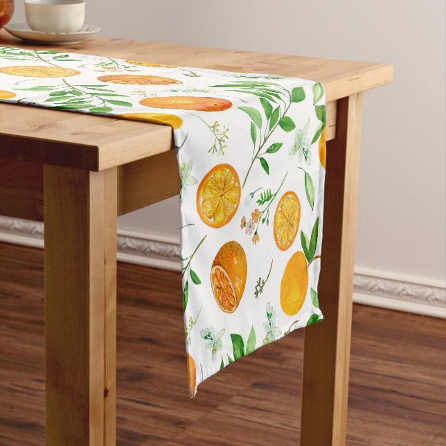 Orange Citrus Summer Floral Botanical Pattern Short Table Runner (In Situ)