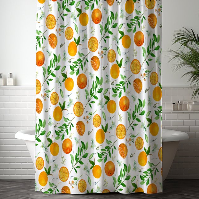 Orange Citrus Summer Floral Botanical Pattern Shower Curtain (In situ)