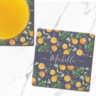 Orange Citrus Summer Floral Botanical Pattern Stone Coaster