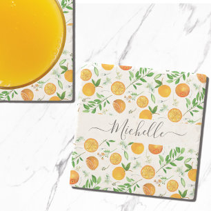 Orange Citrus Summer Floral Botanical Pattern Stone Coaster