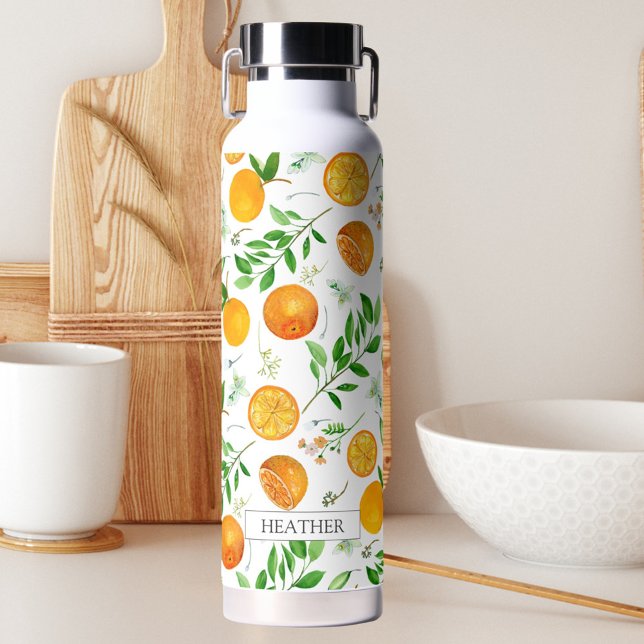 Orange Citrus Summer Floral Botanical Pattern Water Bottle (In situ)