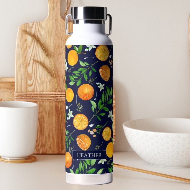 Orange Citrus Summer Floral Botanical Pattern Water Bottle (In situ)