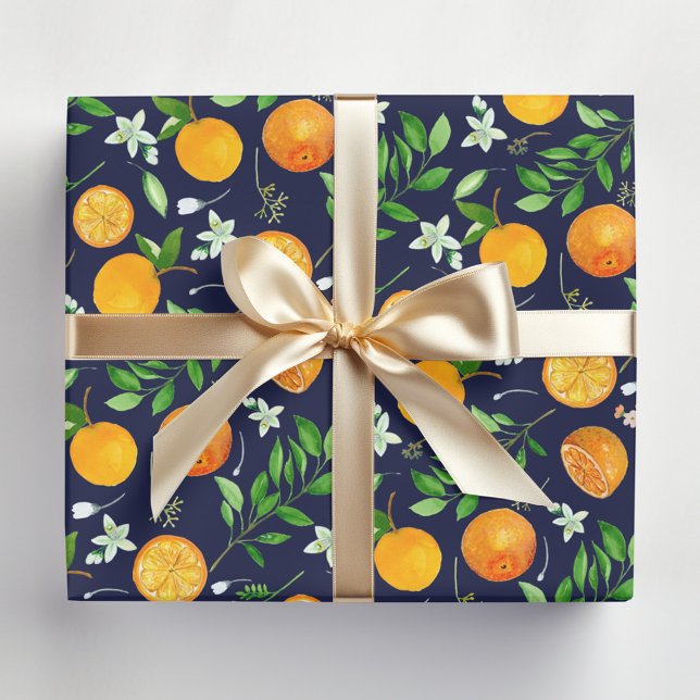 Orange Citrus Summer Floral Botanical Pattern Wrapping Paper (In situ)